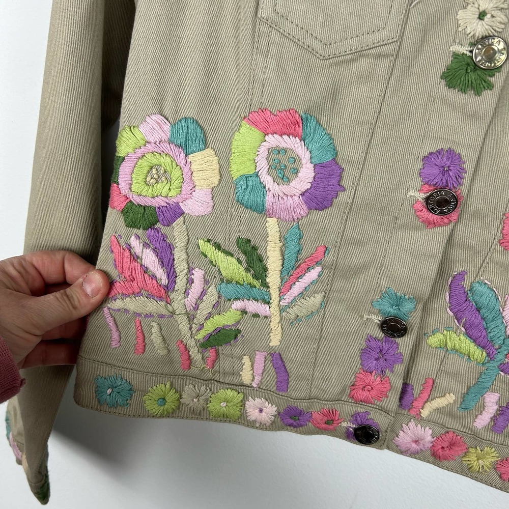 NEW Antica Sartoria Tan Denim Jacket Embroidered Flowers Size 2 - Picture 2 of 11